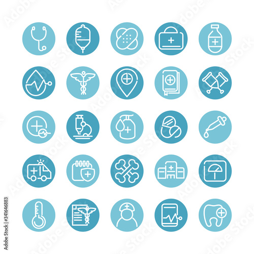 medical and health care equipment assistance icon set block style