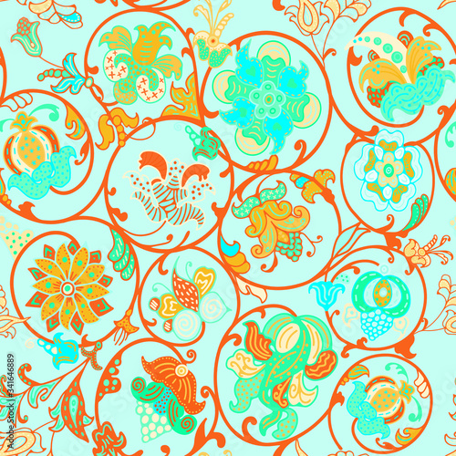 Bright pattern with patterns in the old Russian style. Romantic floral style in blue and orange tones. Natural motives.