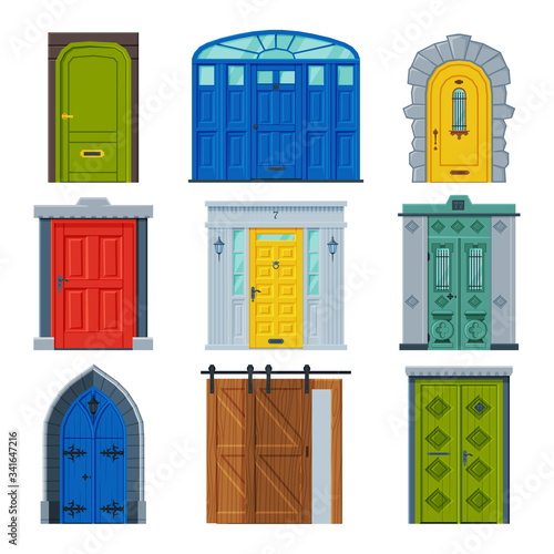 Classic Doors Collection, Vintage and Modern Style Facade or Apartments Design Element Vector Illustration