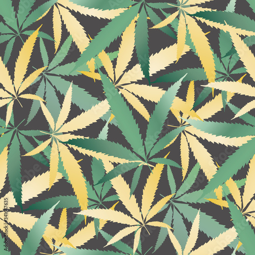 Cannabis leaves seamless vector pattern background. Hand drawn teal and gold hemp foliage backdrop. Dense overlapping marijuana design. All over print for wellness, health concept,packaging, print