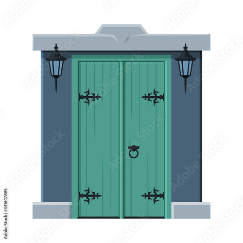 Old Double Green Door in Vintage Style, Architactural Design Element Vector Illustration