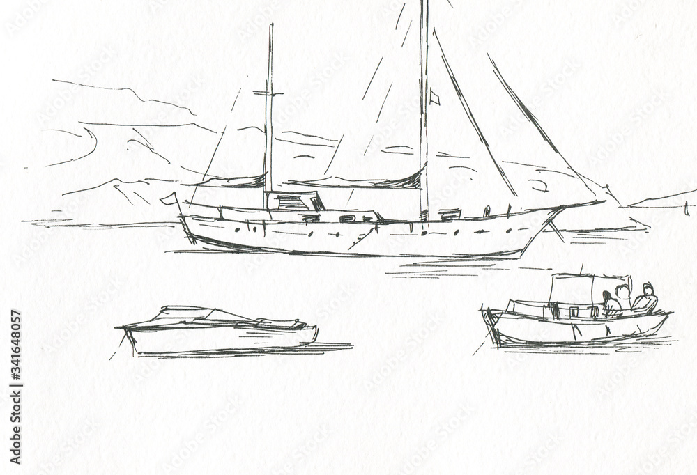 Fototapeta yacht and boat at sea sketch