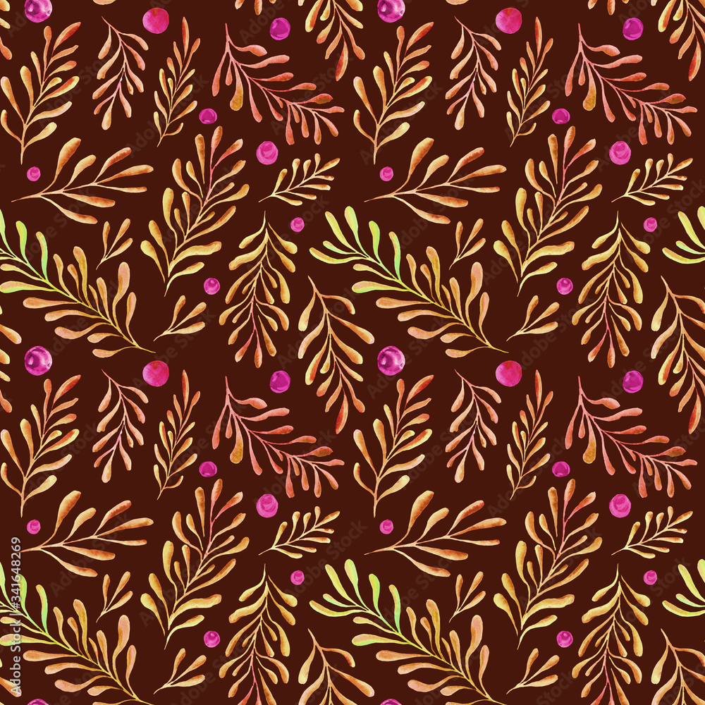 Hand painted seamless pattern background, texture with watercolor branches and berries. Hand drawn floral burgundy background with yellow twigs and pink berries.
