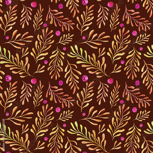 Hand painted seamless pattern background, texture with watercolor branches and berries. Hand drawn floral burgundy background with yellow twigs and pink berries.