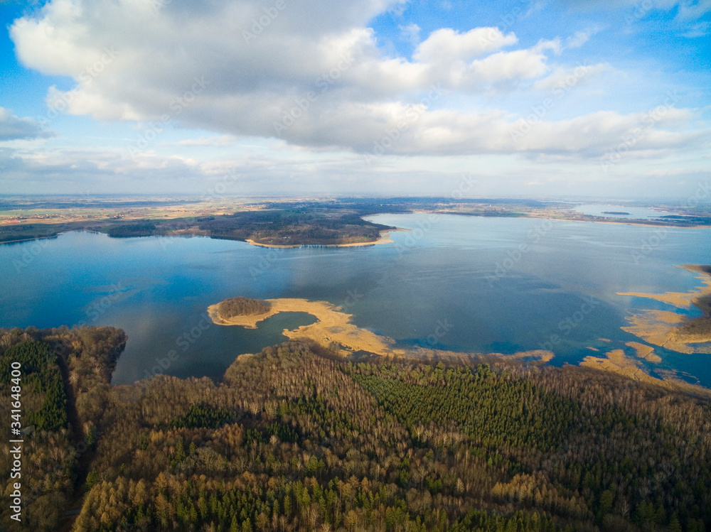 Aerial view of Sosnowka island on Mamry Lake, Mazury, Poland
