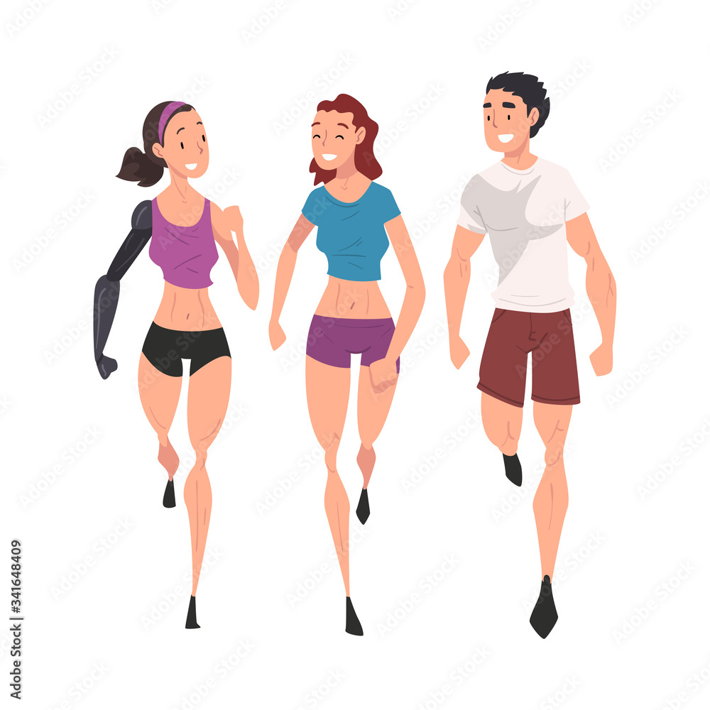 Disabled Girl with Arm Prosthesis Doing Sports with Her Friends, Handicapped Woman Receiving Support and Having Good Time, Person Enjoying Full Life Vector Illustration Disabled Girl with Arm Prosthesis Doing Sports with Her Friends, Handicapped Woman Receiving Support and Having Good Time, Person Enjoying Full Life Vector Illustration