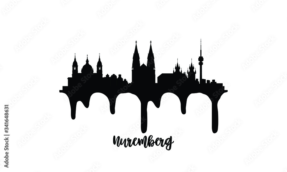 Nuremberg Germany black skyline silhouette vector illustration on white background with dripping ink effect.