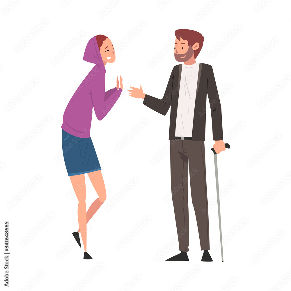 Disabled Man with Walking Cane Meeting and Having Good Time with His Friend, Person Enjoying Full Life Vector Illustration Disabled Man with Walking Cane Meeting and Having Good Time with His Friend, Person Enjoying Full Life Vector Illustration