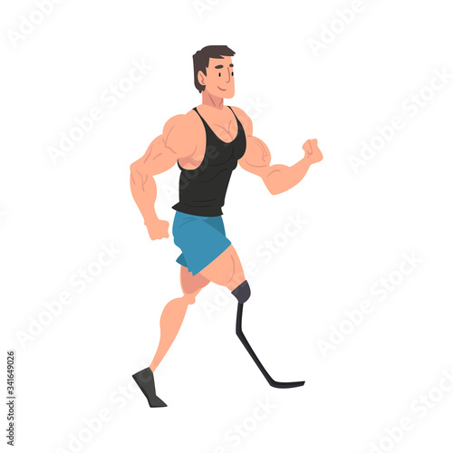 Disabled Young Man Running, Male Athlete Character with Bionic Leg Prosthesis Jogging, Side View Vector Illustration