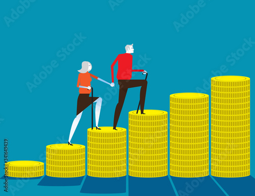 Senior money steps. Elder saving money concept, Flat cartoon vector design