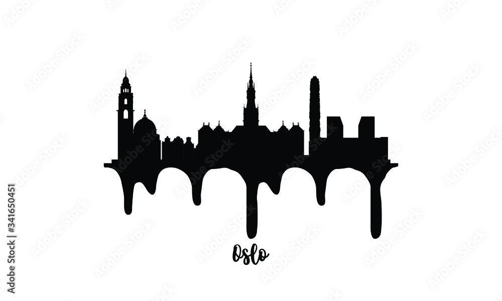 Oslo Norway black skyline silhouette vector illustration on white background with dripping ink effect.