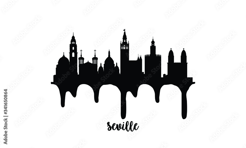 Seville Spain black skyline silhouette vector illustration on white background with dripping ink effect.