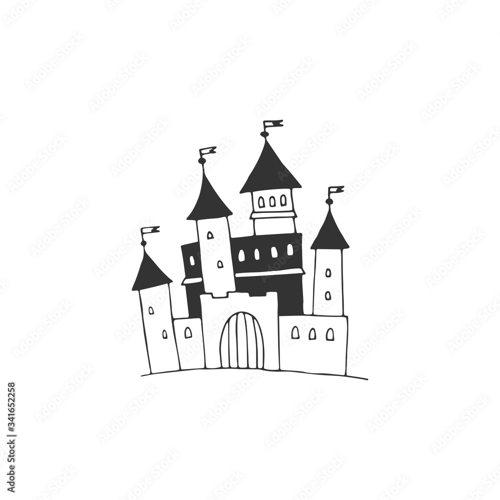 Big castle illustration. Vector sketch black and white object.