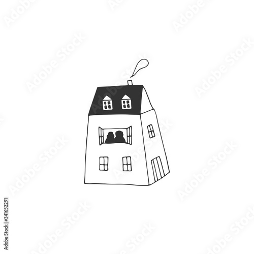 Father's house. Vector sketch black and white illustration.