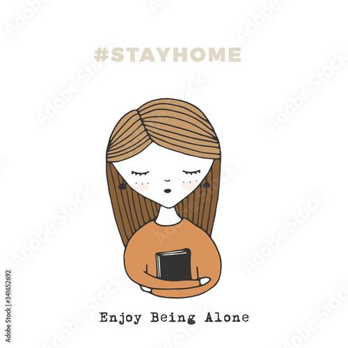 Covid-19 quarantine. Colored vector illustration. A girl with a book at home.