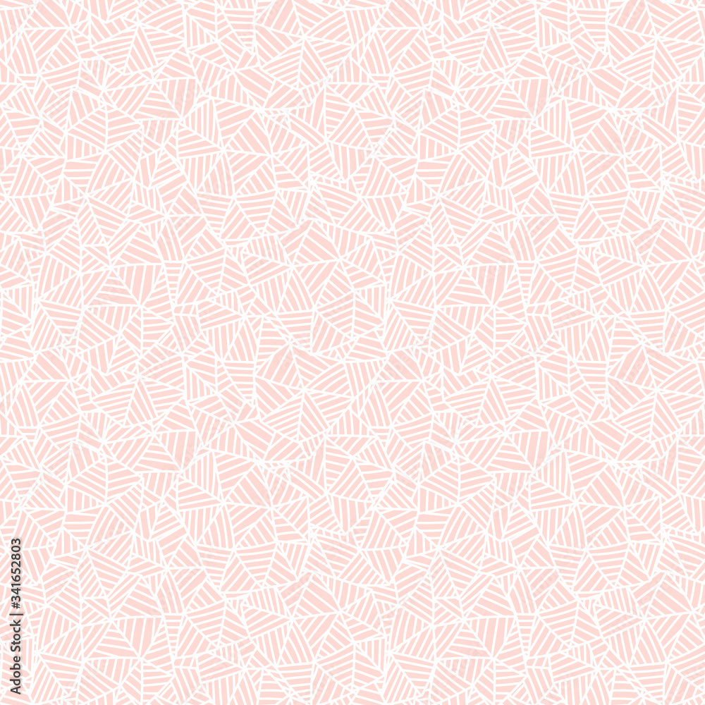 Fototapeta premium Cute pastel pink on white linear doodle triangle seamless pattern. Hand drawn stripped triangular background. Infinity geometrical wallpaper, wrapping paper, fabric, textile. Vector illustration.