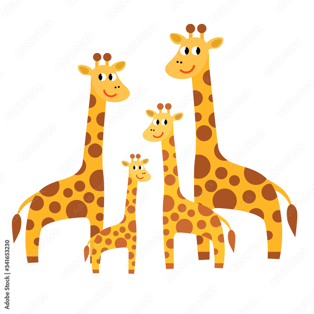 Obraz premium Cartoon cute giraffe family in flat style isolated on white background. Childlike style. Vector illustration. 