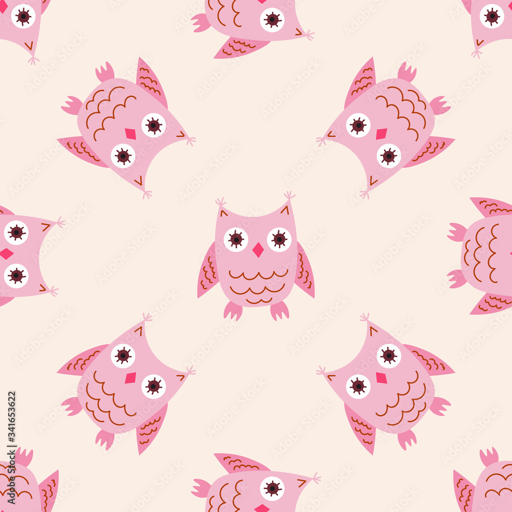 Cartoon owl seamless pattern. Cute bird background. Vector illustration. 