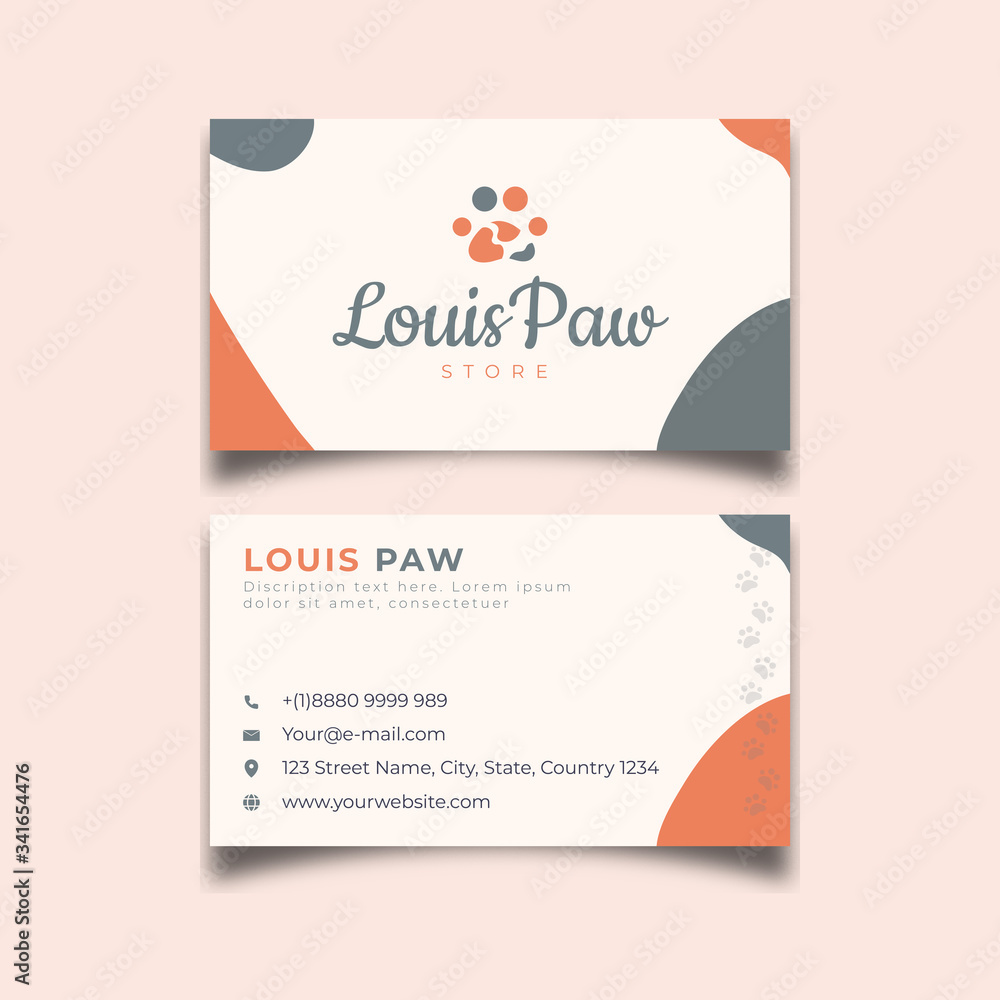 Business card abstract design pet with paw orange black color template