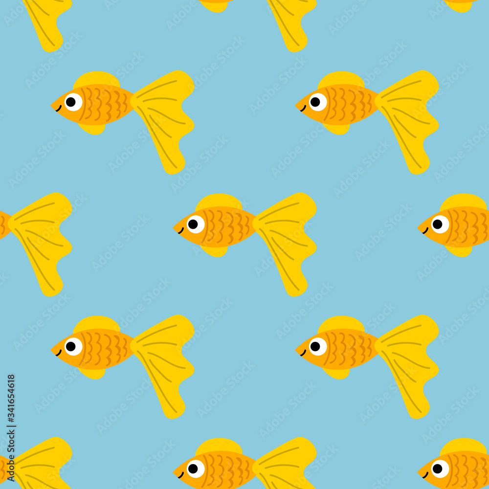 Cute colorful cartoon gold fish in flat style seamless pattern. Tropical ocean life. Animal wrapping paper. Vector illustration. Cute colorful cartoon gold fish in flat style seamless pattern. Tropical ocean life. Animal wrapping paper. Vector illustration.