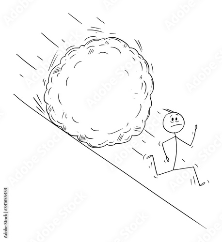 Vector cartoon stick figure drawing conceptual illustration of stressed man or businessman running away from boulder rolling down hill. Ready to add your text or image. Financial, social or political