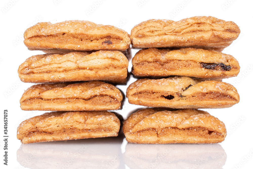 Group of eight whole square puff cookie with raisins isolated on white Group of eight whole square puff cookie with raisins isolated on white