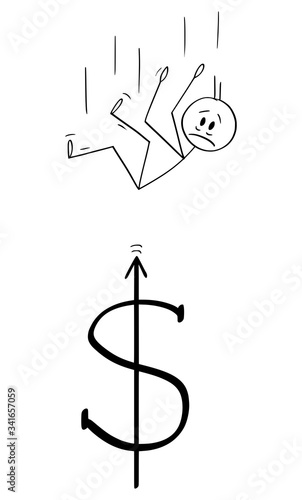 Vector cartoon stick figure drawing conceptual illustration of man or businessman falling down on sharp dollar symbol bar. Financial concept.