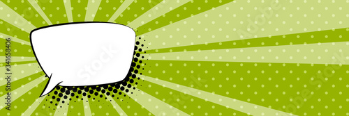 Banner with sun's rays and dots , speech bubble on a green pop art retro background, vector illustration