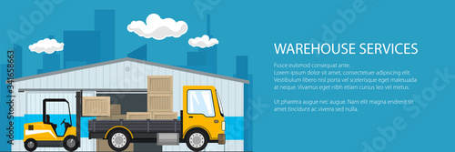 Banner of warehouse and delivery services , forklift truck and yellow small cargo car with boxes , unloading or loading of goods and text, vector illustration