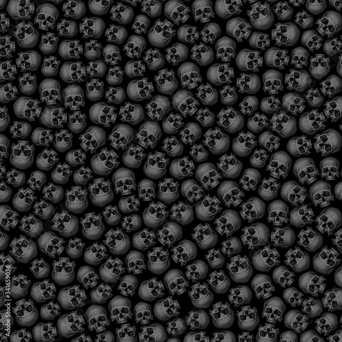 Gothic skull background / 3D illustration of dark grungy human skulls piled closely together
