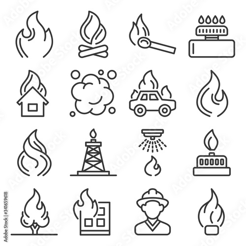 Fere Flames and Firefighting Icons Set on White Background. Line Style Vector