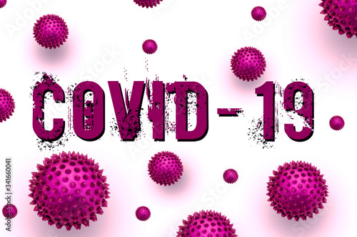 Inscription COVID-19 on white background. Coronavirus disease 2019 is an infectious disease caused by severe acute respiratory syndrome (SARS-CoV-2).  Abstract purple virus strain model of MERS-Cov