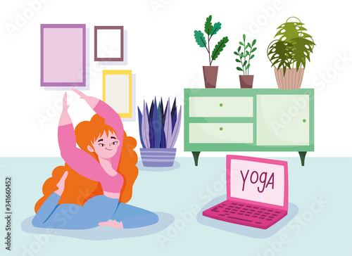online yoga, woman on floor with laptop practicing yoga in room