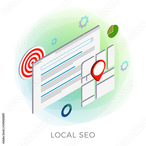 Local SEO Marketing Strategy vector isometric icon. Search results regarding your location, displaying local stores and services near you. Website Search Engine with GPS and geotag sign on city map.