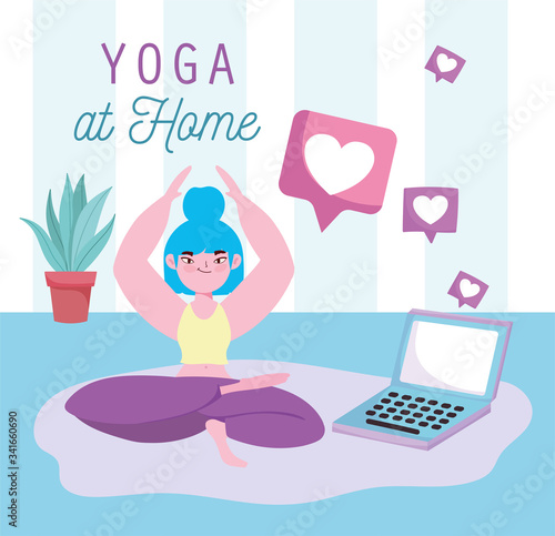 online yoga, young woman lotus position with laptop in floor