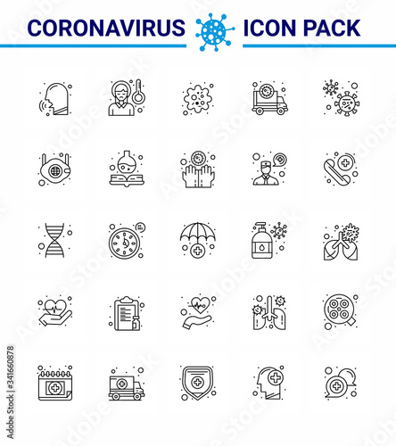Coronavirus Prevention Set Icons. 25 line icon such as transmission, corona, sick, ambulance, patogen photo