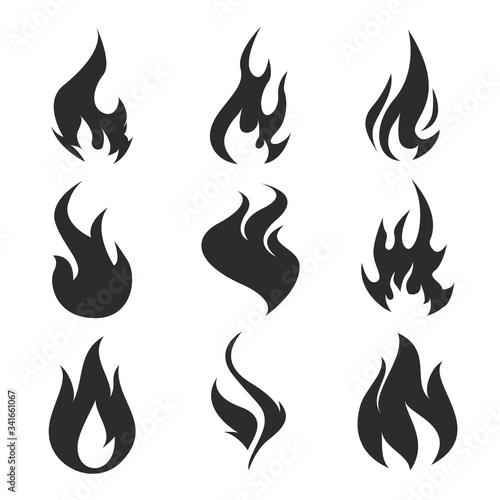 Flames icons. Flame silhouettes. Black firing icons, warning symbols isolated on white. Burning vector emblems.