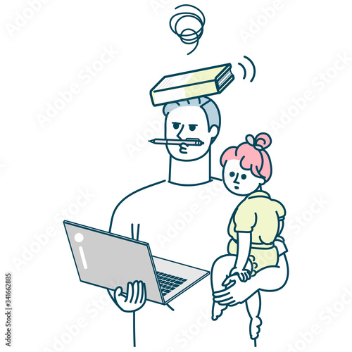 親子　思うようにいかないパパ　ノートパソコン