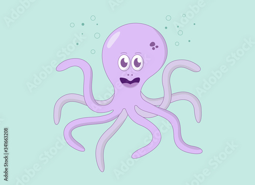 Funny purple octopus with water bubbles. Vector illustration. Turquoise background