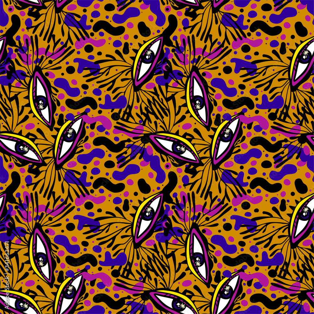Doodle psychedelic trippy eyes seamless pattern in hippie or Memphis style. Crazy funky background. Doodle psychedelic trippy eyes seamless pattern in hippie or Memphis style. Crazy funky background.