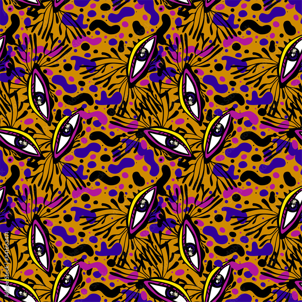 Doodle psychedelic trippy eyes seamless pattern in hippie or Memphis style. Crazy funky background.