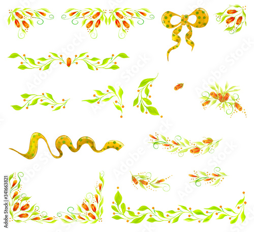 A watercolor set of elements on a floral theme with oranhe buds, leaves and gold ribbons. Hand drawing
