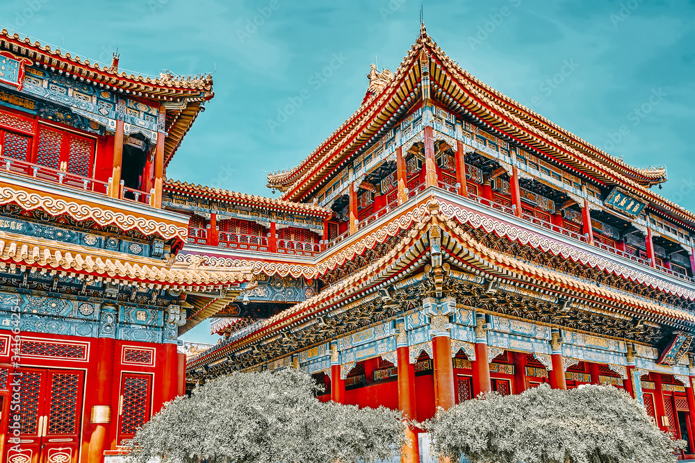 Obraz premium Beautiful View of Yonghegong Lama Temple.Beijing. Lama Temple is one of the largest and most important Tibetan Buddhist monasteries in the world.