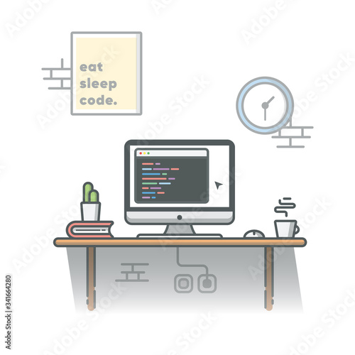 Coding Programmer Workspace with Cactus, Coffee and Book Vector Illustration. Development. Hacker. Coder. Flat Cartoon Style Suitable for Web Landing Page,  Banner, Flyer, Sticker, Card, Background