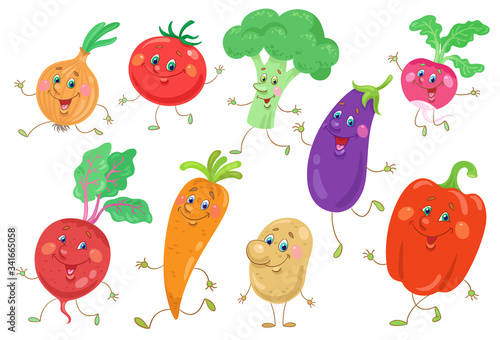 Fototapeta Naklejka Na Ścianę i Meble -  Set of nine funny vegetables. Onion, tomato, broccoli, eggplant, radish,  beet, carrot, potato, pepper. In cartoon style. Isolated on white background. Vector flat illustration.