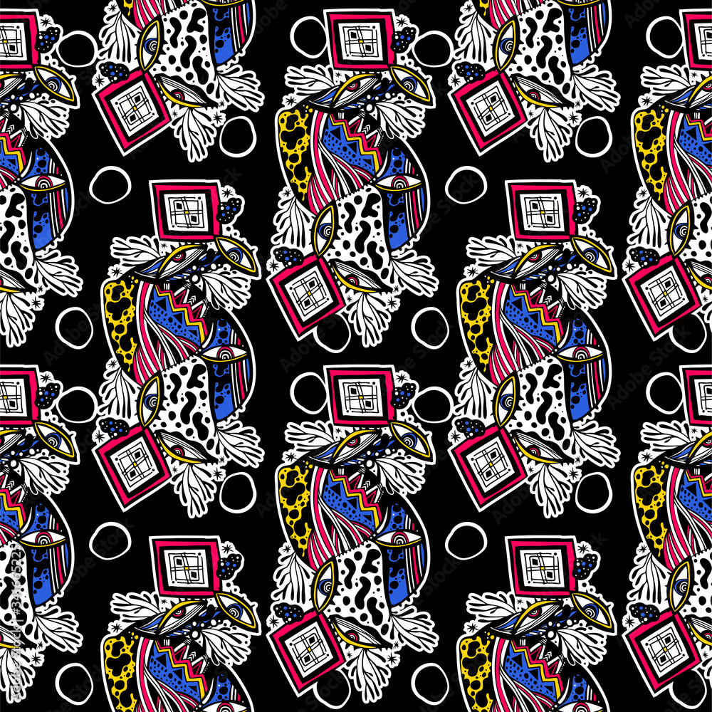 Naklejka premium Modern doodle psychedelic fashion eyes seamless pattern in hippie or Memphis style