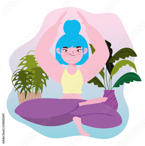 yoga online, young woman on floor with lotus position yoga cartoon