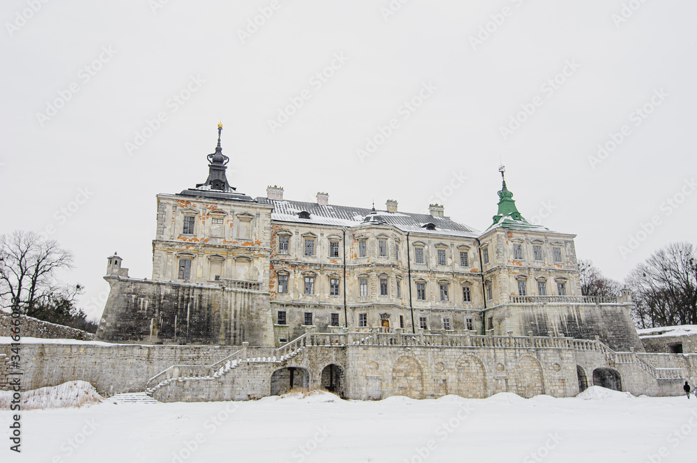 Beautiful Medieval Pidhirtsi Castle. Pidhirtsi village, Lviv Oblast, Ukraine, February 20, 2019