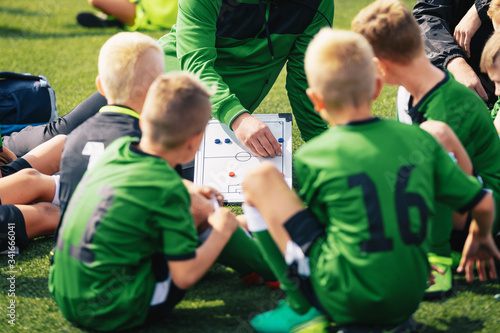 Young Boys in Football Team Listening to Coach. Coach Giving Instruction To His Kids Soccer Team. Football Tournament. School Soccer Competition. Coach Using Tactics Board to Explain Game Strategy
