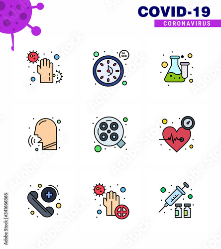 corona virus prevention. covid19 tips to avoid injury 9 Filled Line Flat Color icon for presentation couph, nose, timer, diseases, laboratory photo